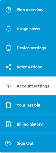 Image of the left menu options for logged in users, with Account settings highlighted.
