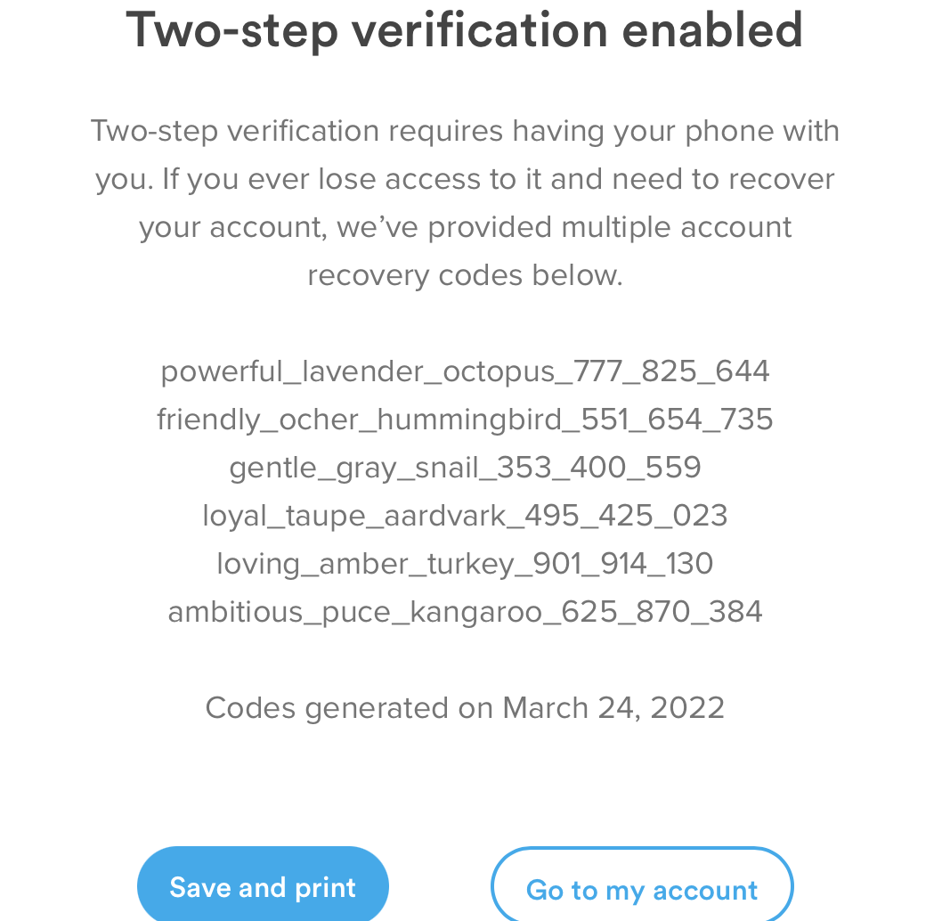 Recovery codes print